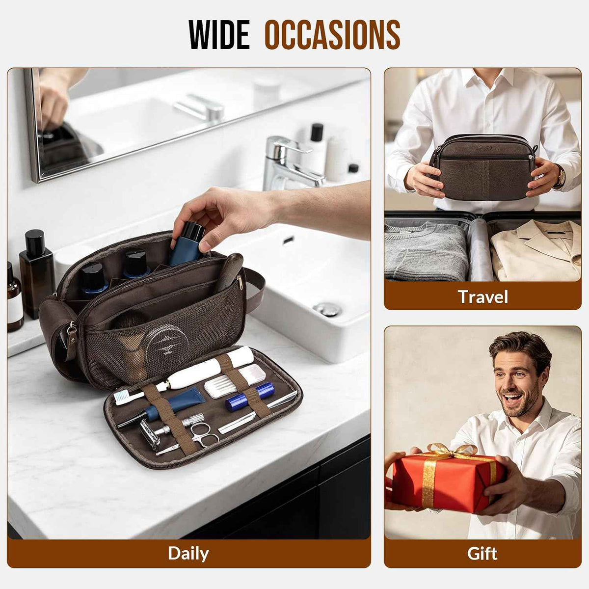PU Leather Toiletry Bag for Men, Dark Brown