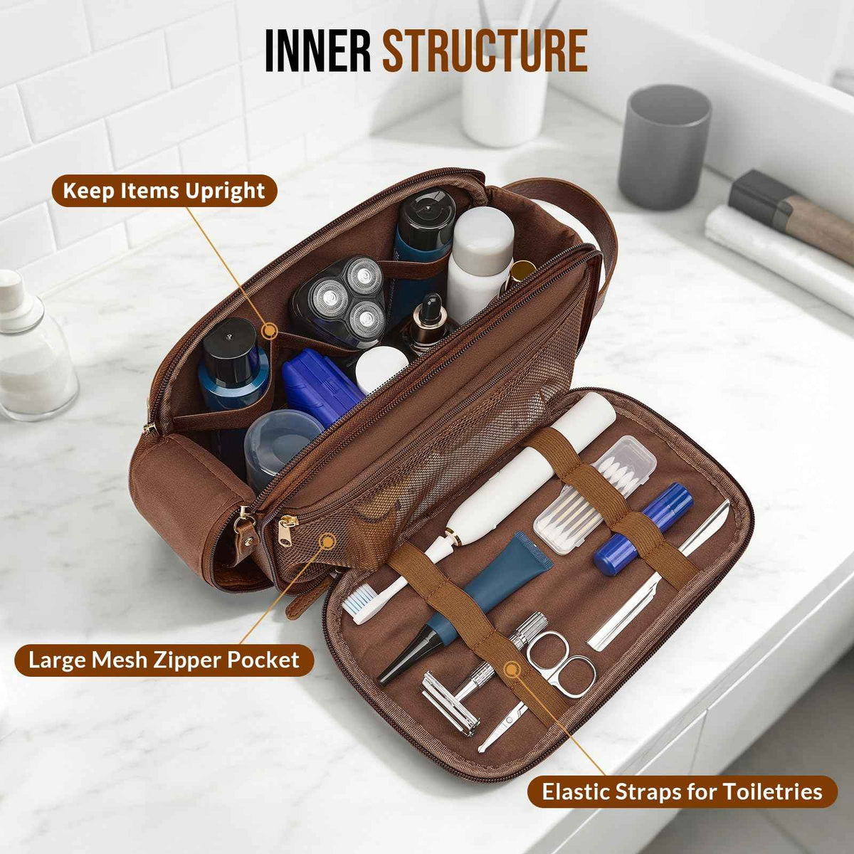 PU Leather Toiletry Bag for Men, Dark Brown