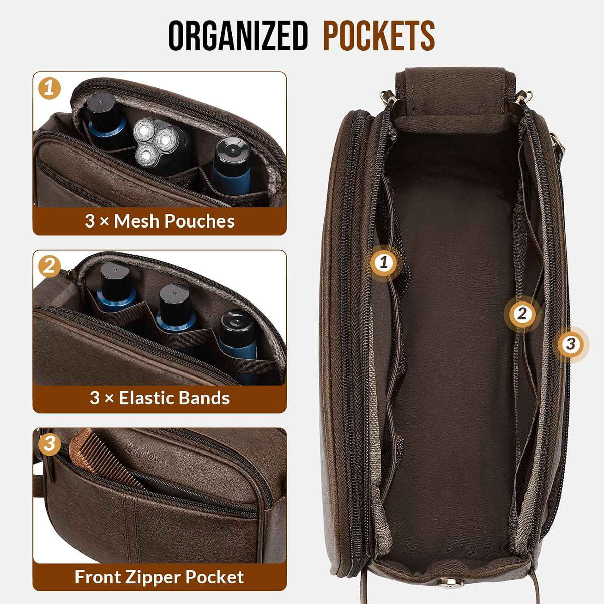 PU Leather Toiletry Bag for Men, Dark Brown