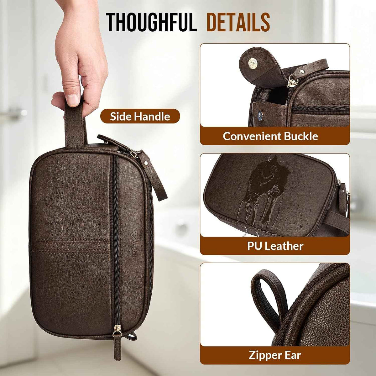 PU Leather Toiletry Bag for Men, Dark Brown