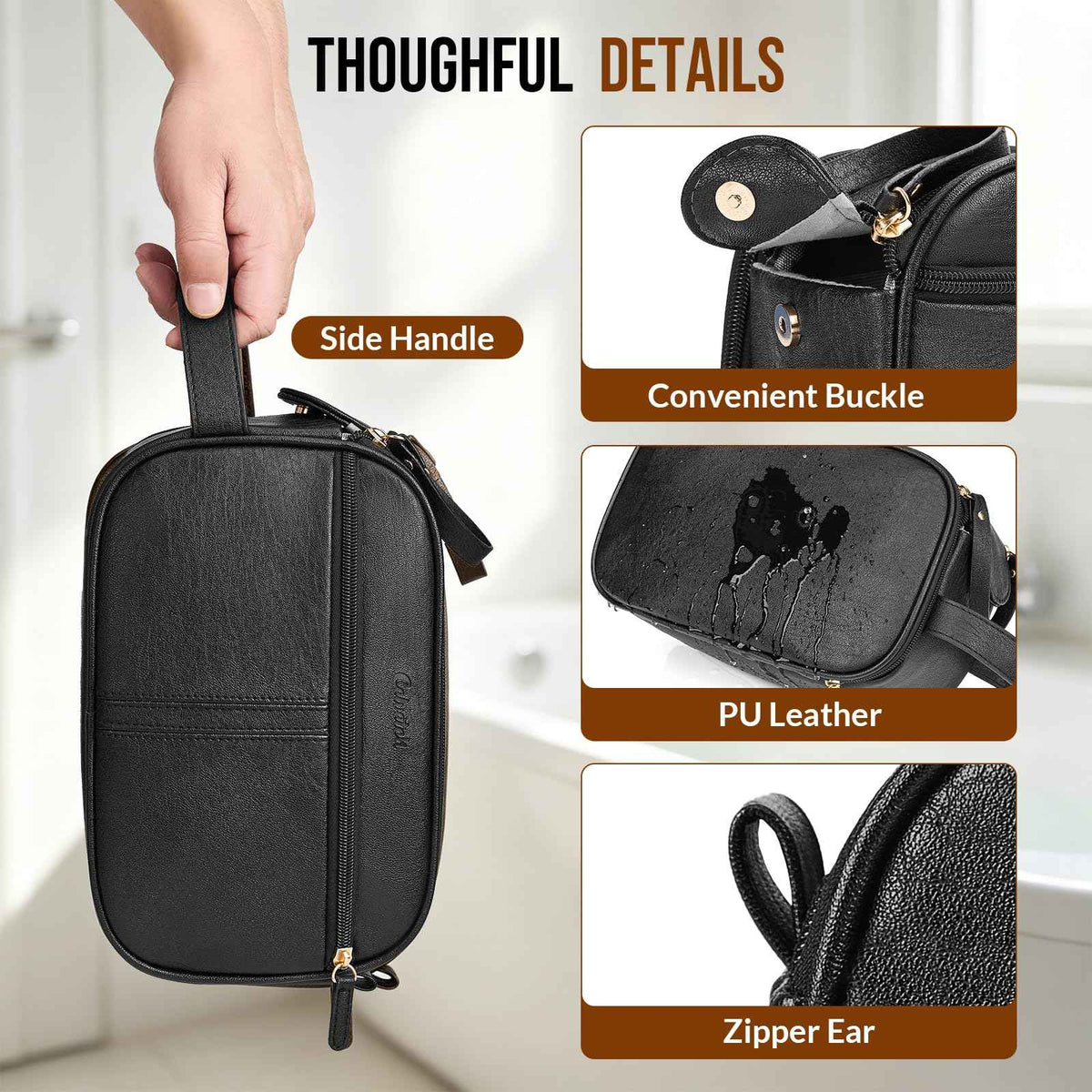 PU Leather Toiletry Bag for Men, Dark Brown
