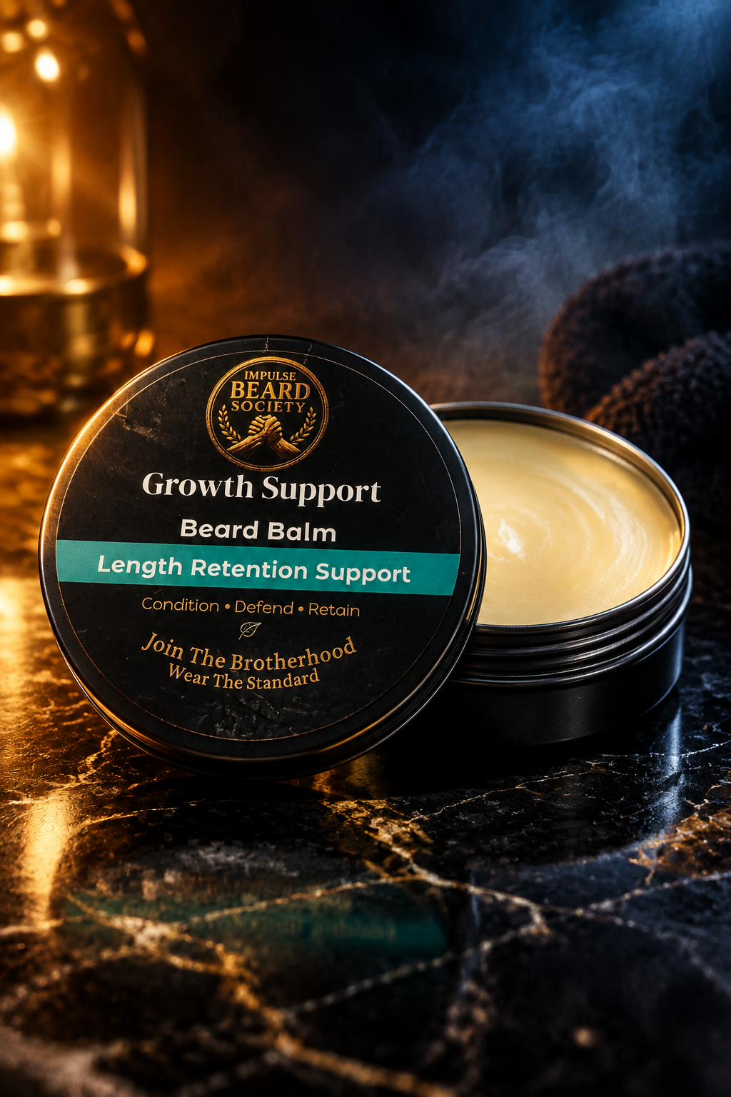 Growth Support Beard Balm by Impulse Beard Society – open tin