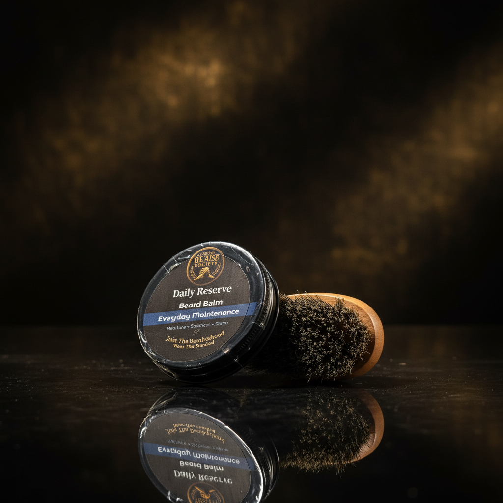 Daily Reserve Beard Balm with boar bristle brush on dark luxury surface